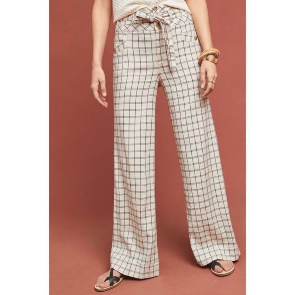 Anthropologie Cream & Black Windowpane Wide Leg Linen Belted Pants  Contemporary